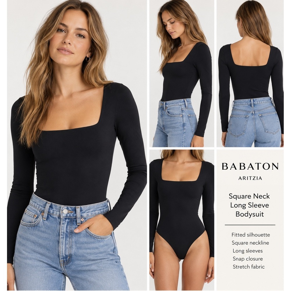 Babaton Aritzia Square Neck Bodycon Long Sleeve Bodysuit Black 2XS Capsule